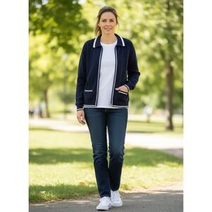 Appleseeds Women's Blue & White Zipper Cardigan – 100% Cotton, Size M